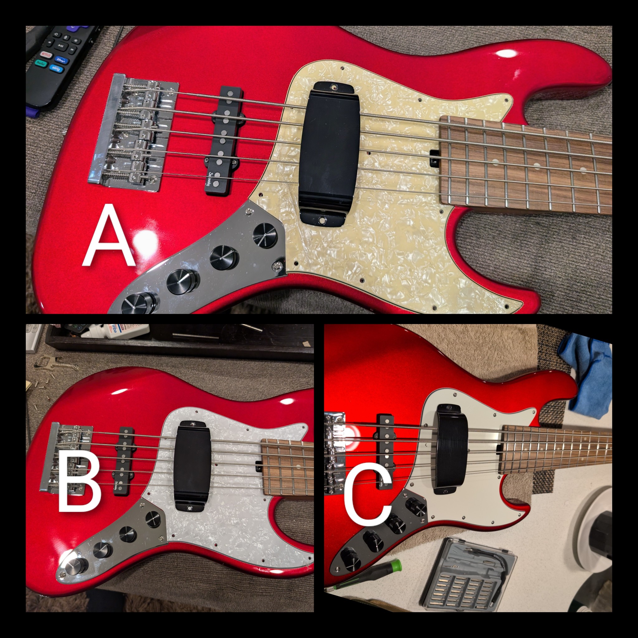 Red bass with pickguard modification